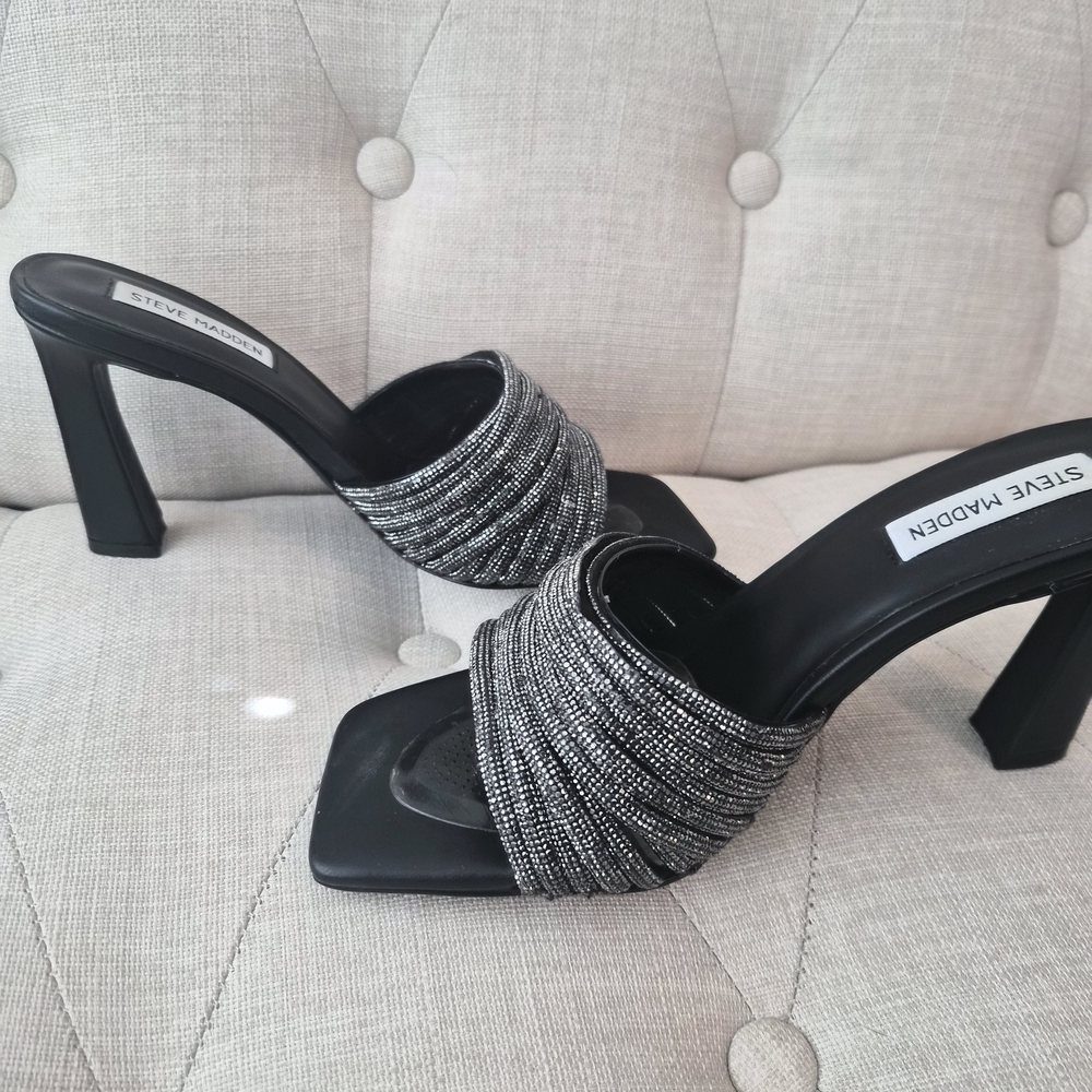 Steve Madden Black & Silver Beaded High Heel Mule
